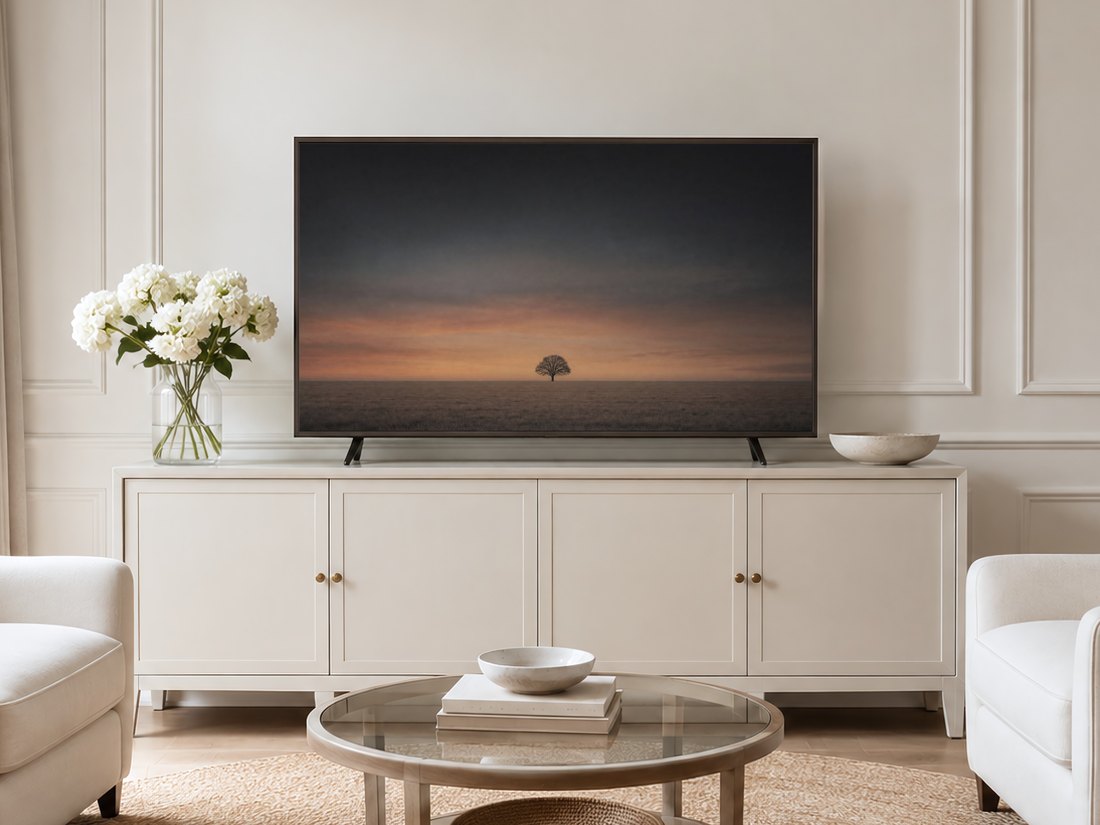 Lone tree at dusk frame TV art displayed in a neutral living room with a cream panelled wall, long sideboard, white hydrangeas and pale armchairs on a jute rug, adding quiet contrast to a soft decor palette.