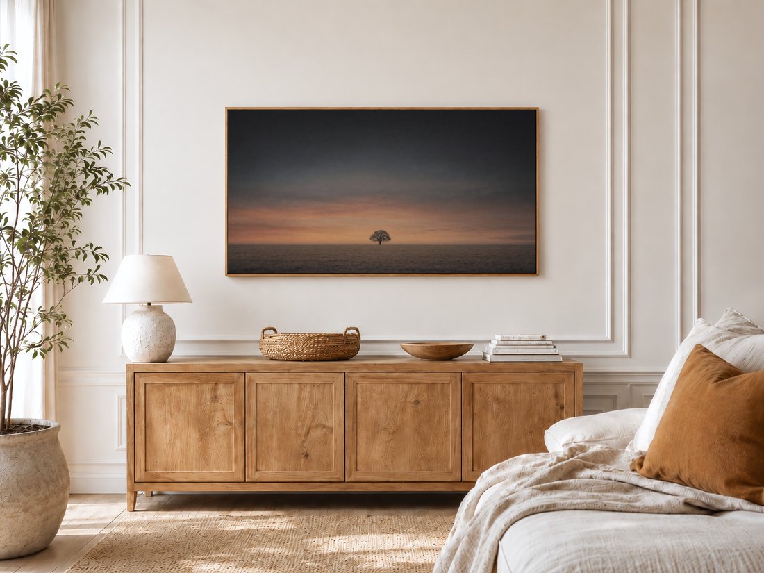 Muted dusk field artwork shown on a bedroom TV with cream panelled moulding, an oak sideboard, ceramic lamp, potted olive tree and linen bedding with a rust cushion, bringing calm to the space.