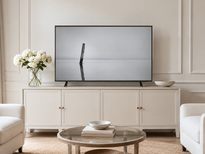 Misty black and white lake photo of a solitary mooring post on a Frame TV, set in a neutral living room with a cream panelled wall, long sideboard, white hydrangeas and pale armchairs on a jute rug.