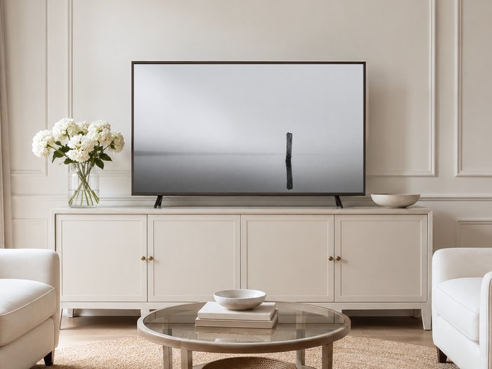 Foggy lake artwork with a lone wooden post displayed on a TV in a neutral living room with a cream sideboard, white hydrangeas and pale armchairs on a jute rug, ideal for calm minimalist decor.