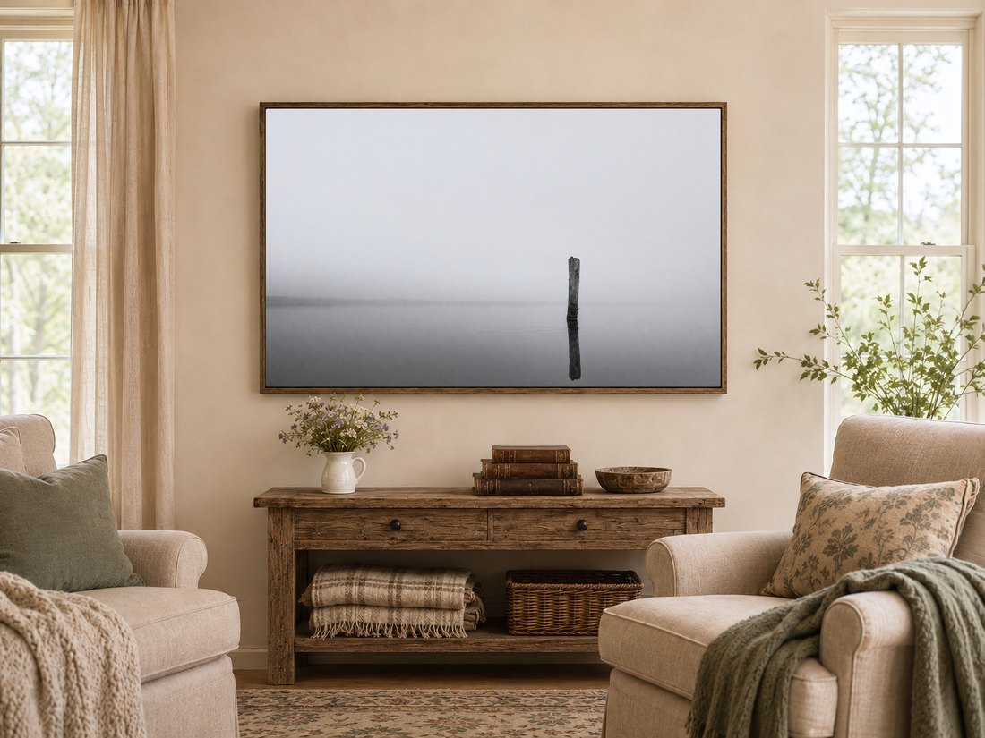 Misty black and white lake scene on a TV in a warm farmhouse living room above a rustic console with wildflowers and leather books, flanked by cream armchairs and linen curtains.