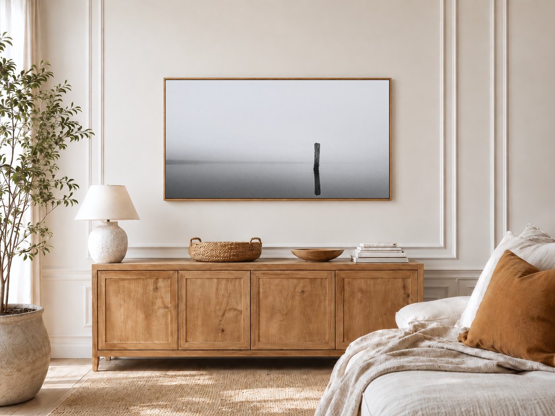 Quiet fog and lake post artwork on a TV in a bright bedroom with cream panelled moulding, a light oak sideboard, potted olive tree and linen bed with a rust cushion.