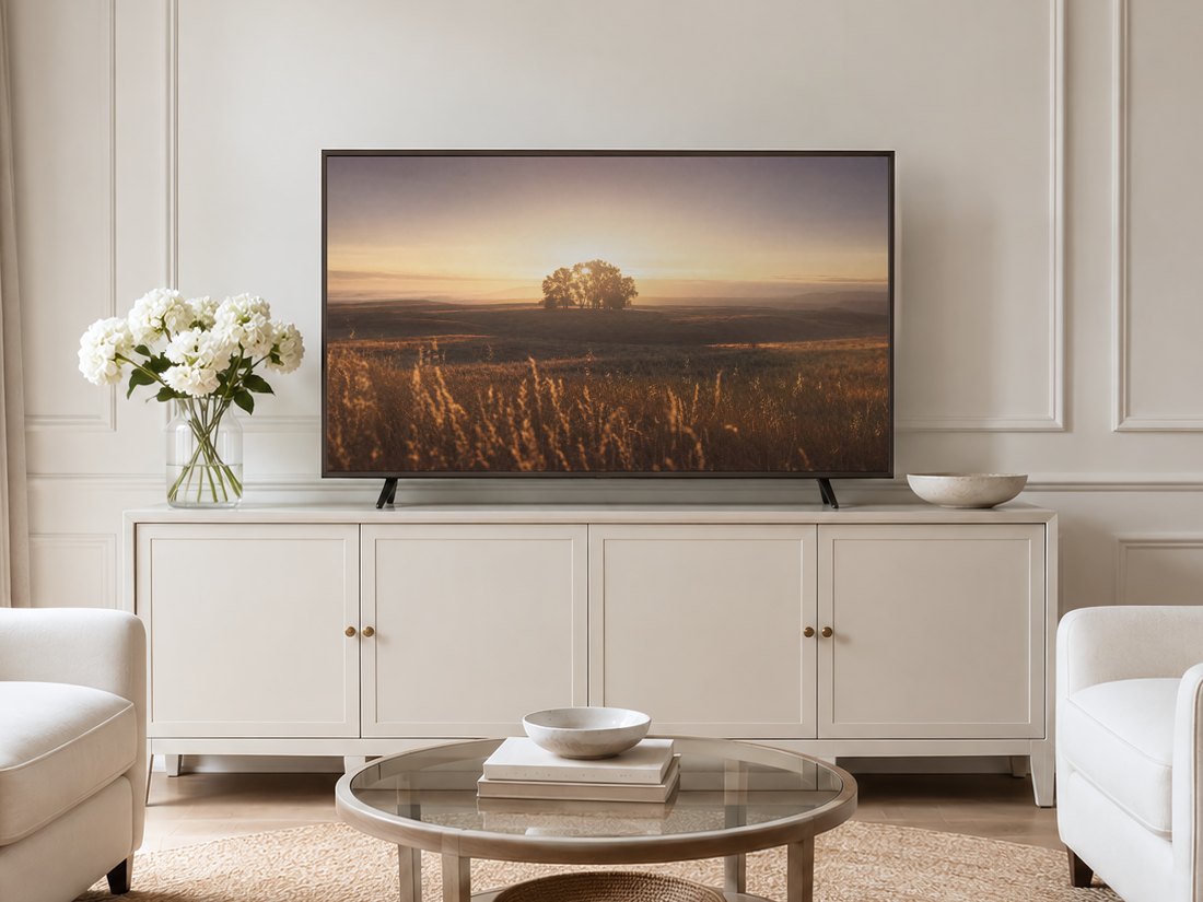 Frame TV art showing a golden meadow at sunset displayed in a neutral living room with cream panelling, a cream sideboard with brass knobs, white hydrangeas, and pale armchairs on a jute rug.