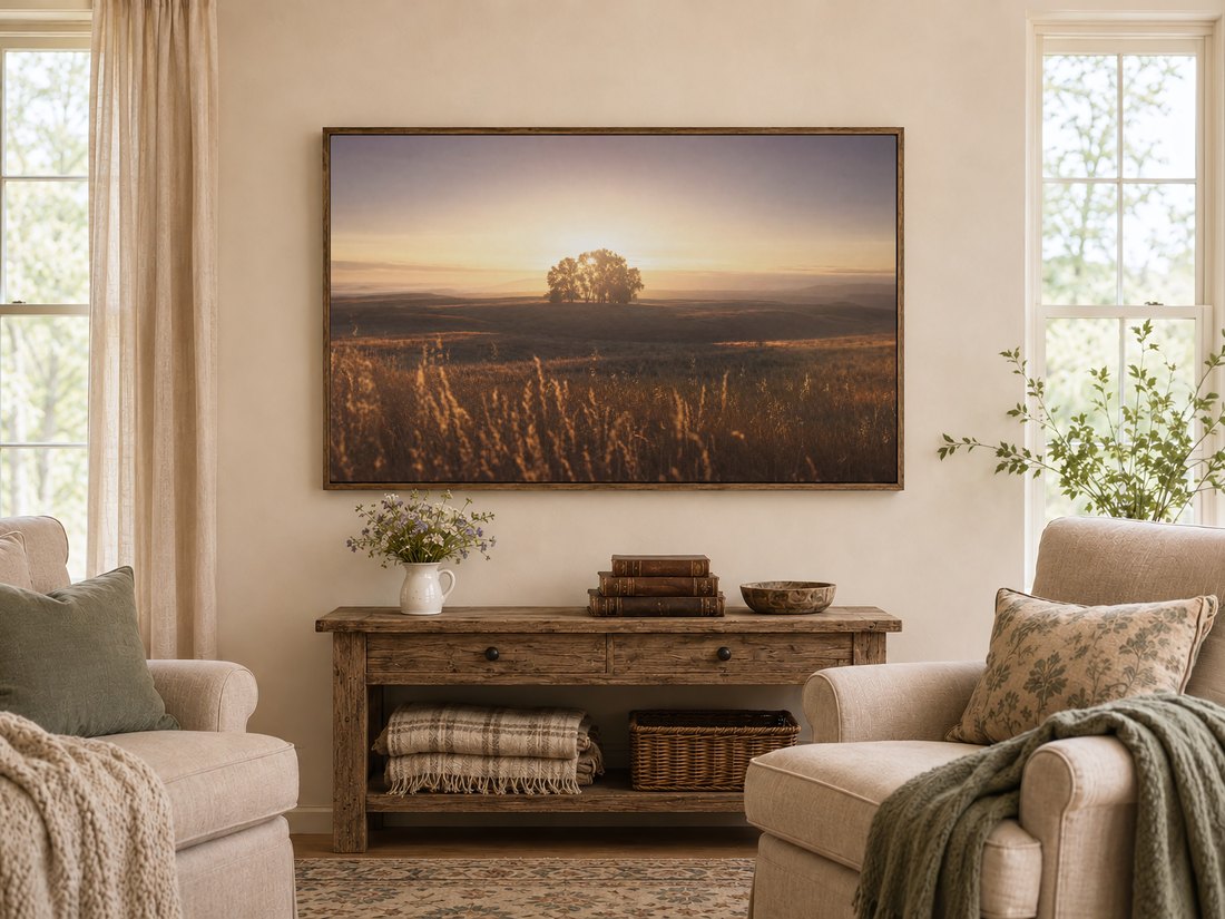 Warm farmhouse living room with the meadow landscape displayed above a rustic console table holding wildflowers and vintage books, flanked by cream armchairs with sage cushions and tall linen curtains.