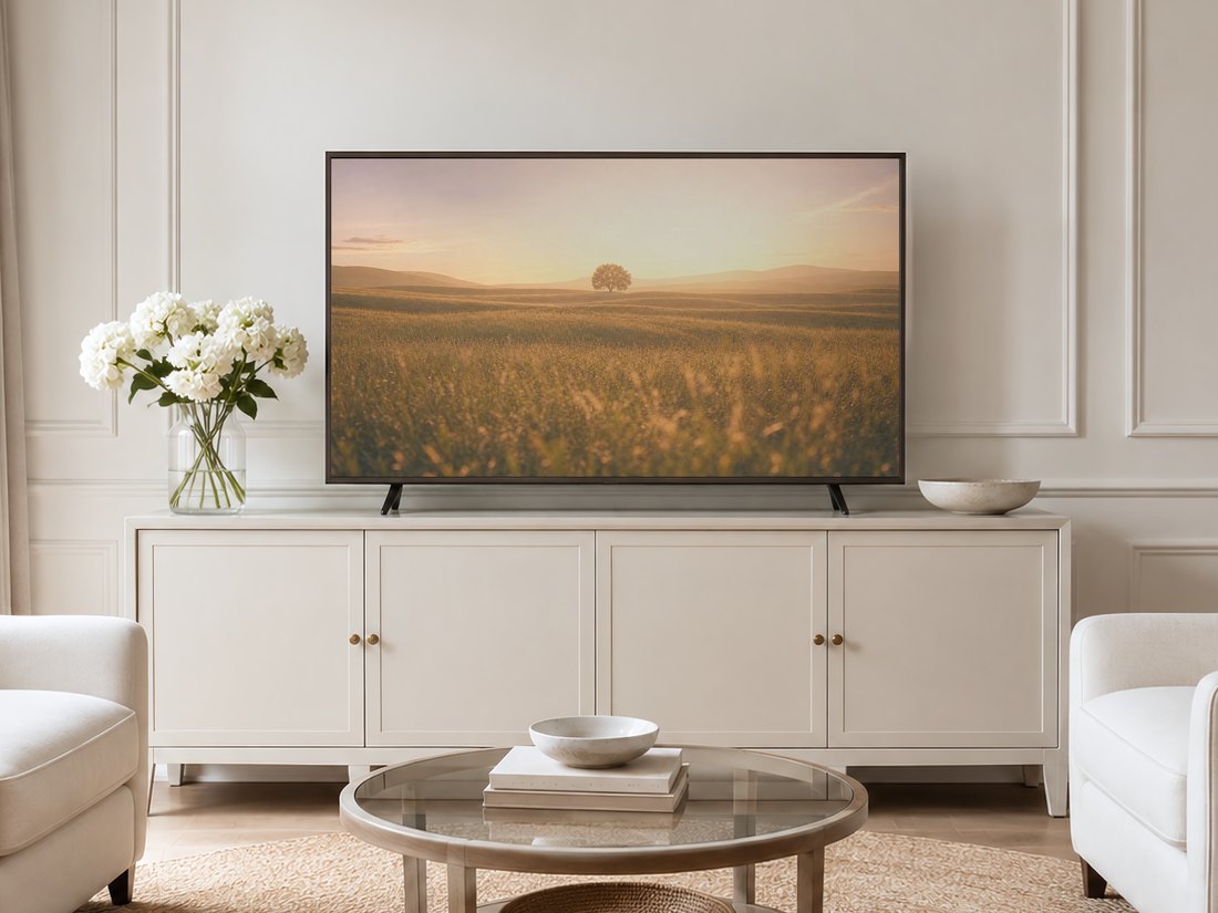 Solitary tree landscape at golden hour displayed on a Frame TV mounted on a neutral cream panelled wall above a cream sideboard, with white hydrangeas and round glass coffee table in a bright minimalist living room.