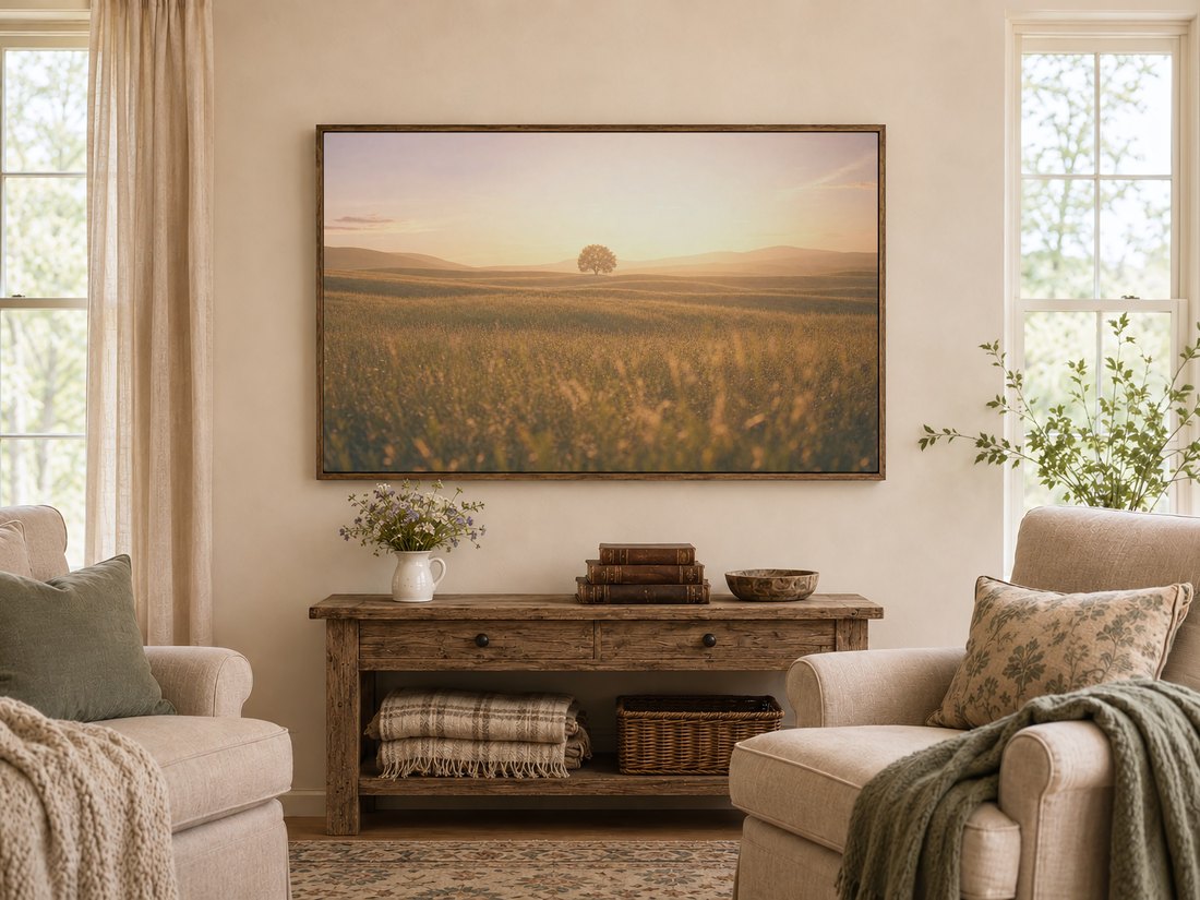 Warm golden meadow with distant tree shown on a Frame TV in a dark reclaimed-wood frame above a rustic console table with wildflowers and books, flanked by cream armchairs in a farmhouse living room with tall linen-curtained windows.