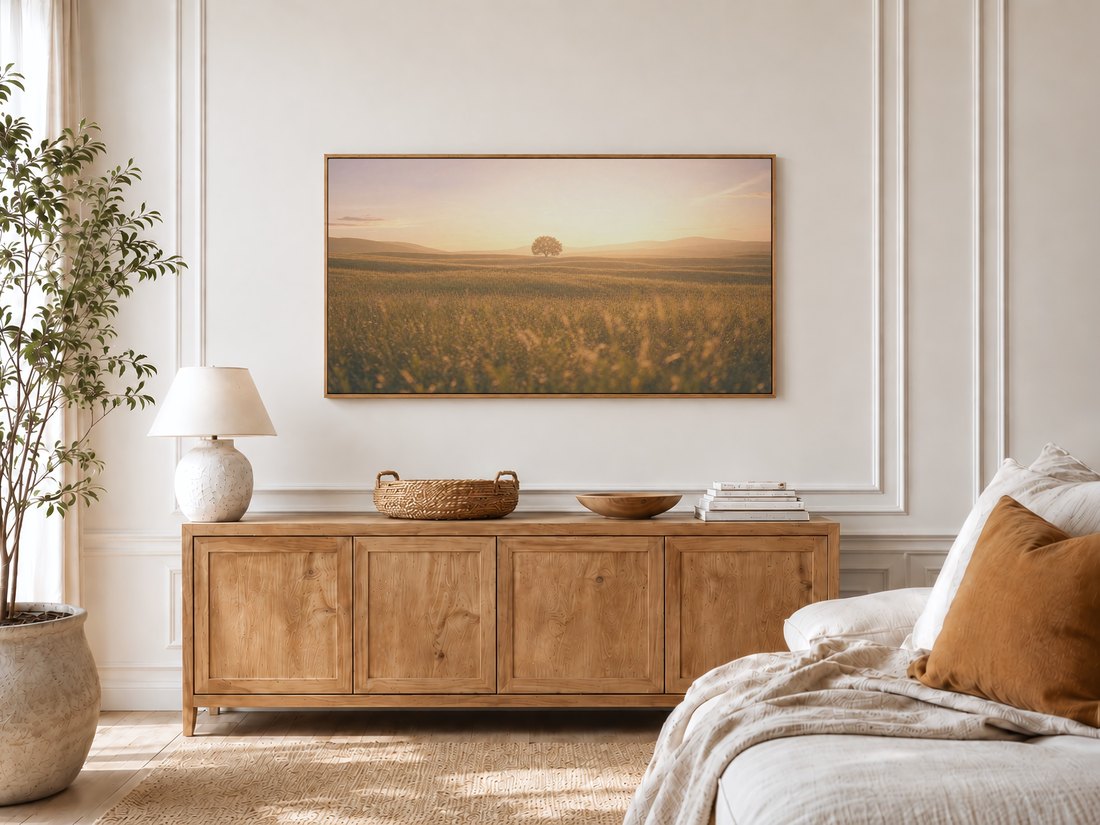 Golden hour meadow landscape displayed on a Frame TV on a cream panelled wall above a light oak sideboard in a bright bedroom, with olive tree by window and rust-accented linen bed.