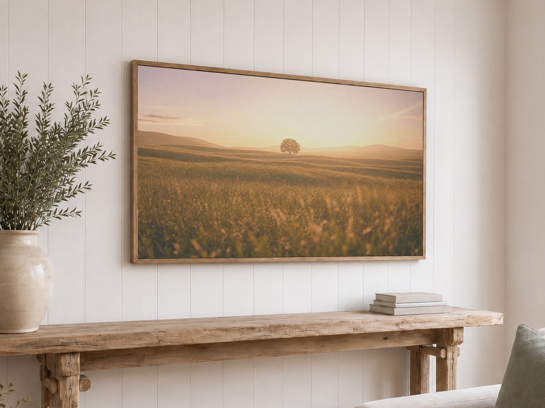 Solitary tree at golden hour shown on a Frame TV in a light oak frame on white shiplap, above a rustic reclaimed-wood console with olive branches in cream ceramic vase and neutral books.