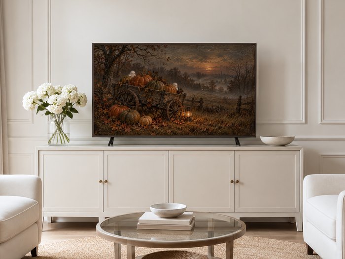 Misty pumpkin patch artwork with friendly ghosts and a glowing lantern, displayed on a Frame TV in a neutral living room with cream panelled walls, a cream sideboard, white hydrangeas and pale armchairs on a jute rug.