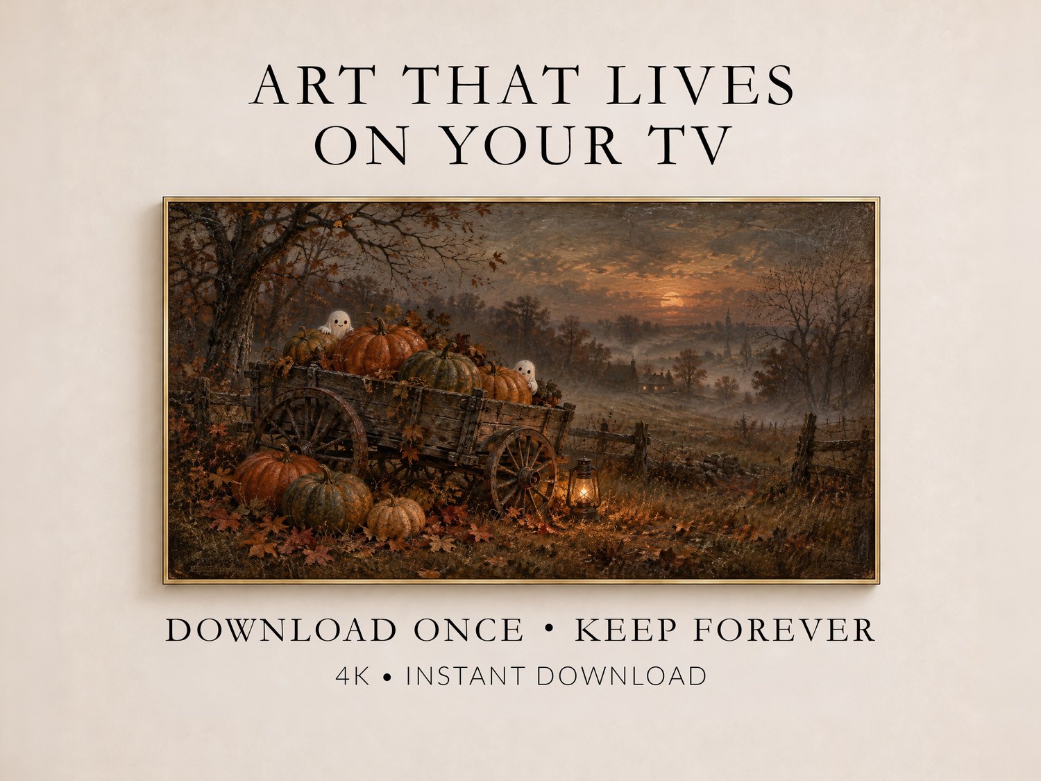 Haunted pumpkin patch Frame TV art displayed in a thin gold frame on a soft cream wall, showing a moody autumn landscape with ghostly figures and a distant haunted manor.