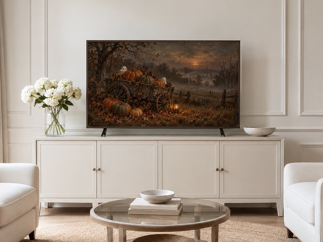Misty pumpkin patch artwork with friendly ghosts and a glowing lantern, displayed on a Frame TV in a neutral living room with cream panelled walls, a cream sideboard, white hydrangeas and pale armchairs on a jute rug.