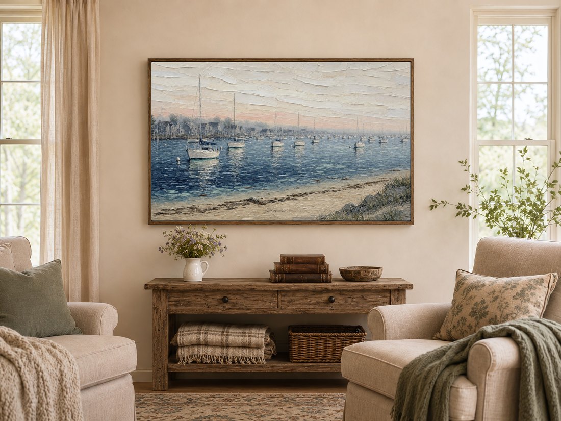 Soft coral-and-cream harbor painting with sailboats shown on a Frame TV in a warm farmhouse living room, framed by a dark reclaimed-wood console with wildflowers and leather books.