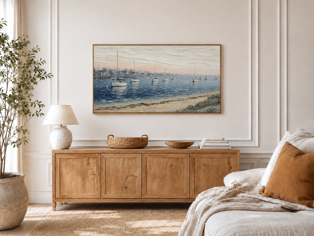 Misty harbor sailboat art displayed on a Frame TV in a bright bedroom with cream panelled walls, a light oak sideboard, and a potted olive tree, creating a serene coastal morning feel.