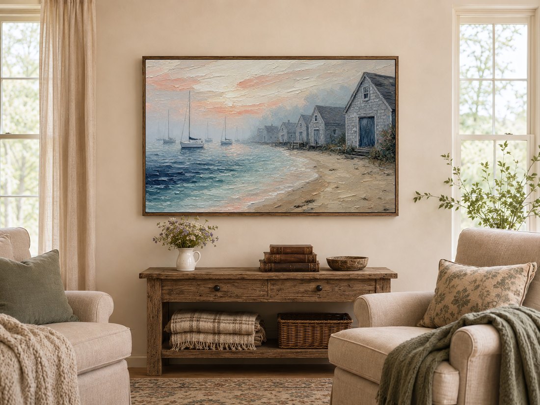 Misty harbor art displayed above a rustic console table with wildflowers and leather books, in a warm farmhouse living room with cream armchairs and sage cushions, bringing coastal calm indoors.