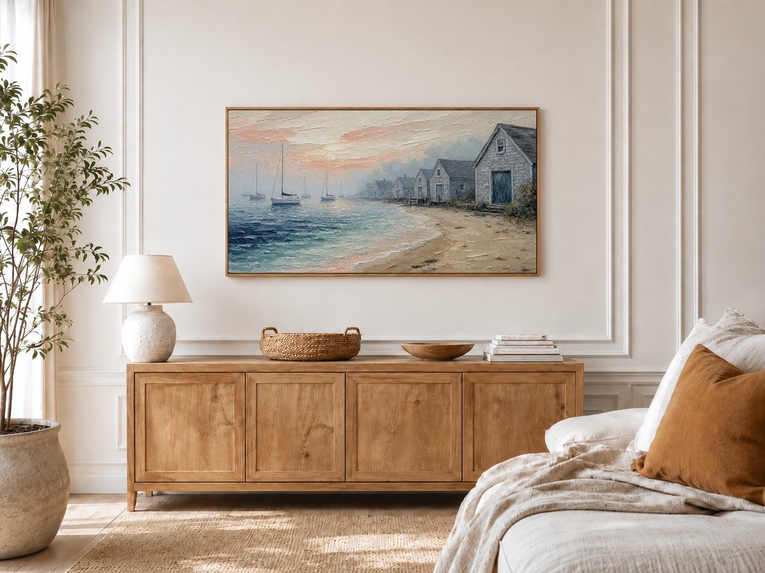 Sailboat and boathouse artwork shown on a TV in a bright bedroom with a light oak sideboard, ceramic lamp and potted olive tree, giving the space a gentle seaside atmosphere.