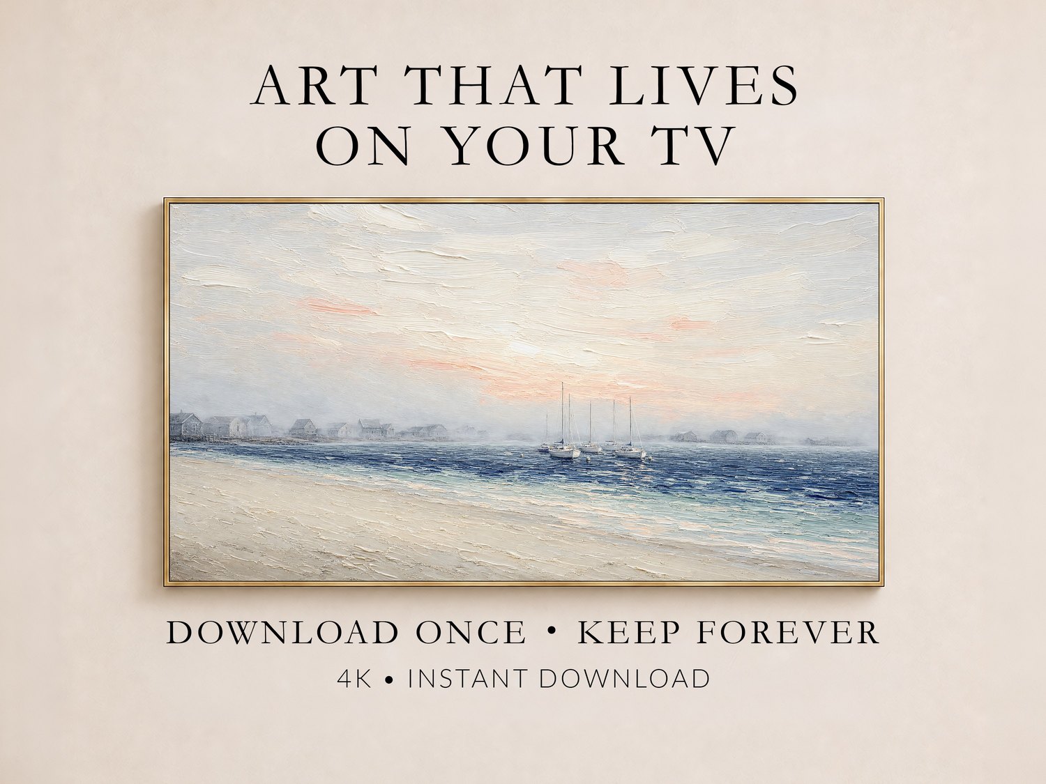 Misty harbor sailboat painting displayed in a thin gold frame on a cream wall, with soft coral sky and navy water, illustrating Frame TV art you download once and keep forever in 4K.