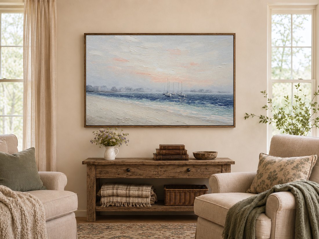 Sailboat seascape art on a Frame TV in a warm farmhouse living room with a dark reclaimed-wood frame, rustic console table, wildflowers and sage cushioned armchairs, bringing coastal texture to the room.