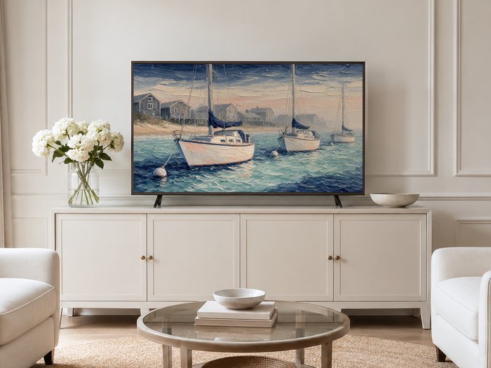 Coastal sailboat art displayed on a Frame TV in a neutral living room with a cream panelled wall, long cream sideboard with brass knobs, white hydrangeas, a round glass coffee table and jute rug, bringing a quiet harbor scene into a relaxed modern