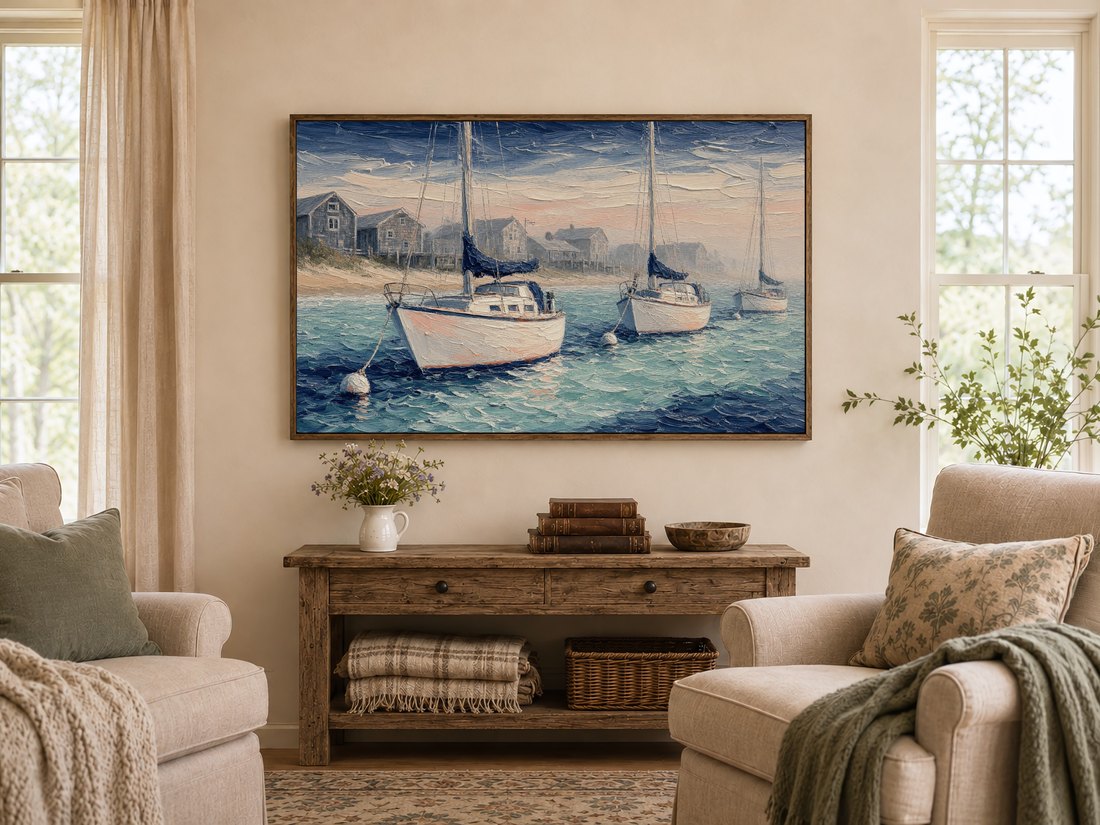 Impasto harbor painting on a Frame TV above a dark reclaimed-wood console in a warm farmhouse living room, styled with a white pitcher of wildflowers, leather books and a wooden bowl, flanked by cream armchairs with sage cushions.