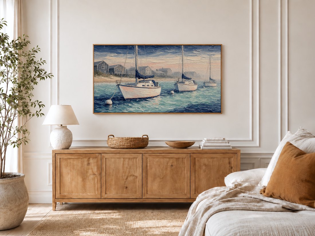 Moored sailboat wall art on a Frame TV in a bright bedroom with cream panelled moulding, a light oak sideboard, ceramic lamp, potted olive tree and a linen bed with a rust cushion, adding a coastal mood to a calm morning retreat.