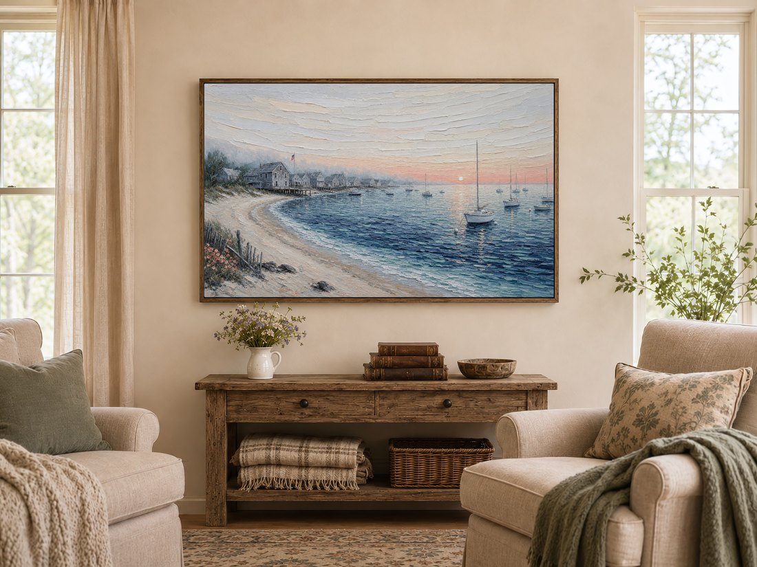 Nantucket harbor scene displayed in a dark reclaimed-wood frame above a rustic console with a white pitcher of wildflowers, antique books and a wooden bowl, in a warm farmhouse living room.