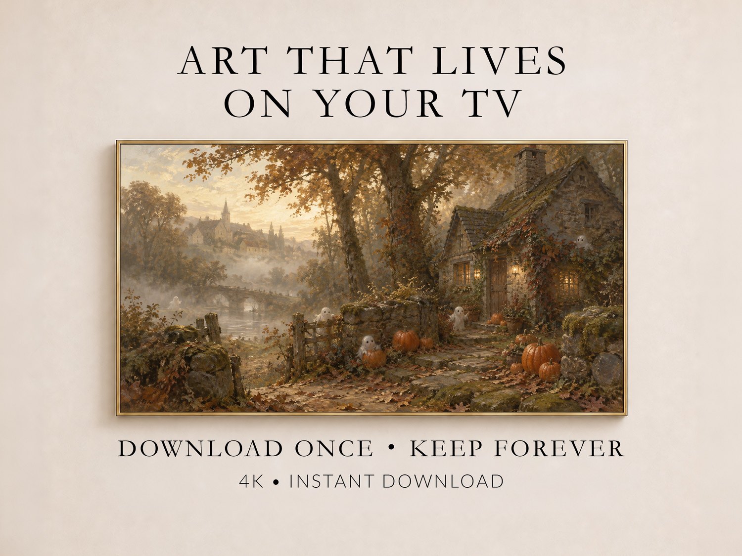 Misty medieval village with castle, pumpkins and ghosts shown in a thin gold frame on cream wall, displayed as Frame TV art with text 'Art That Lives On Your TV'.