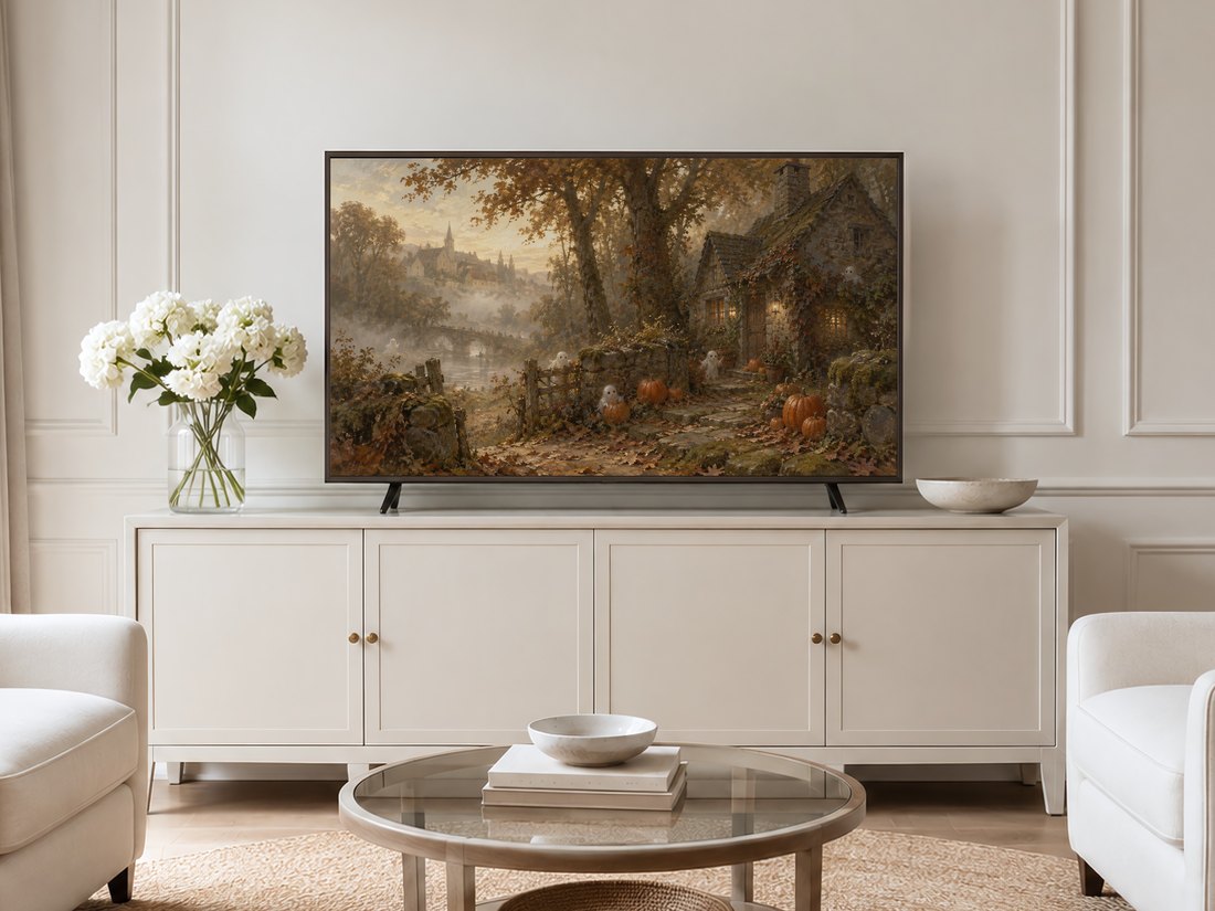 Autumnal castle and ghost landscape with pumpkins and fog on a Frame TV in a neutral living room with cream panelled walls, a cream sideboard, white flowers in glass vase and pale armchairs.