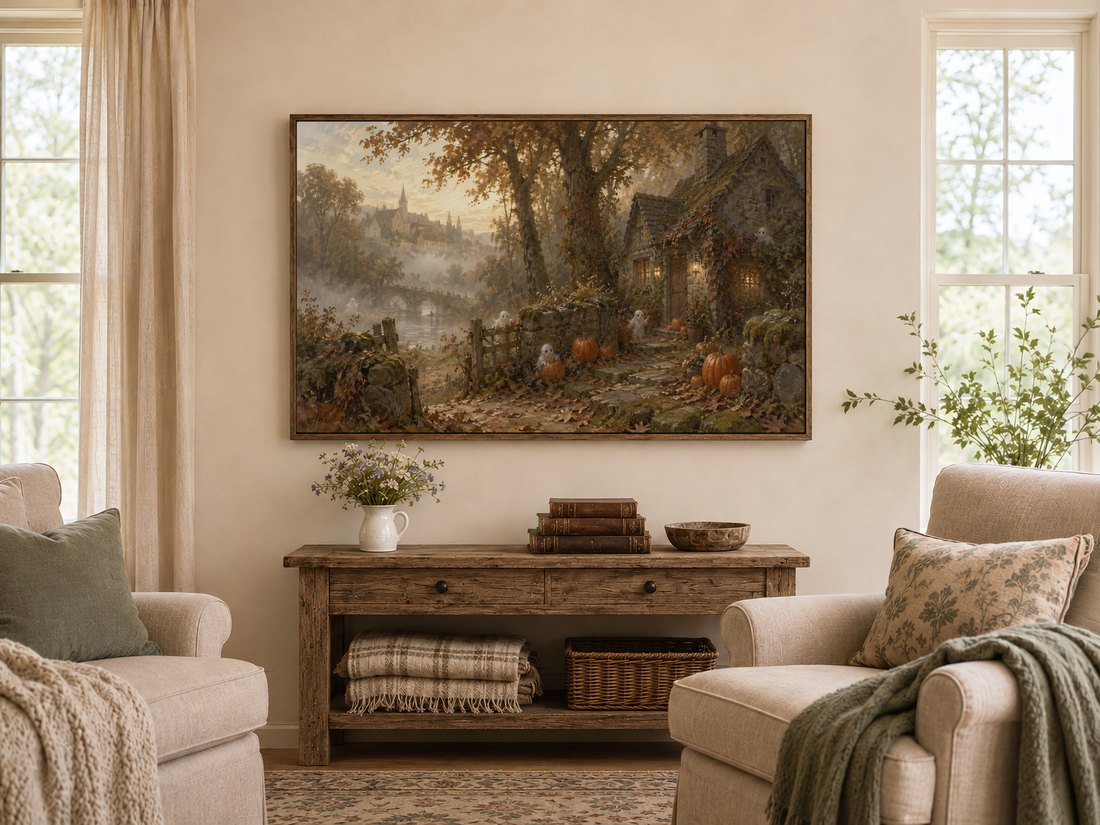 Moody autumn village scene with ivy cottage and jack-o'-lanterns displayed on a Frame TV above a rustic console table in a farmhouse living room with antique books, wildflowers and sage cushions.