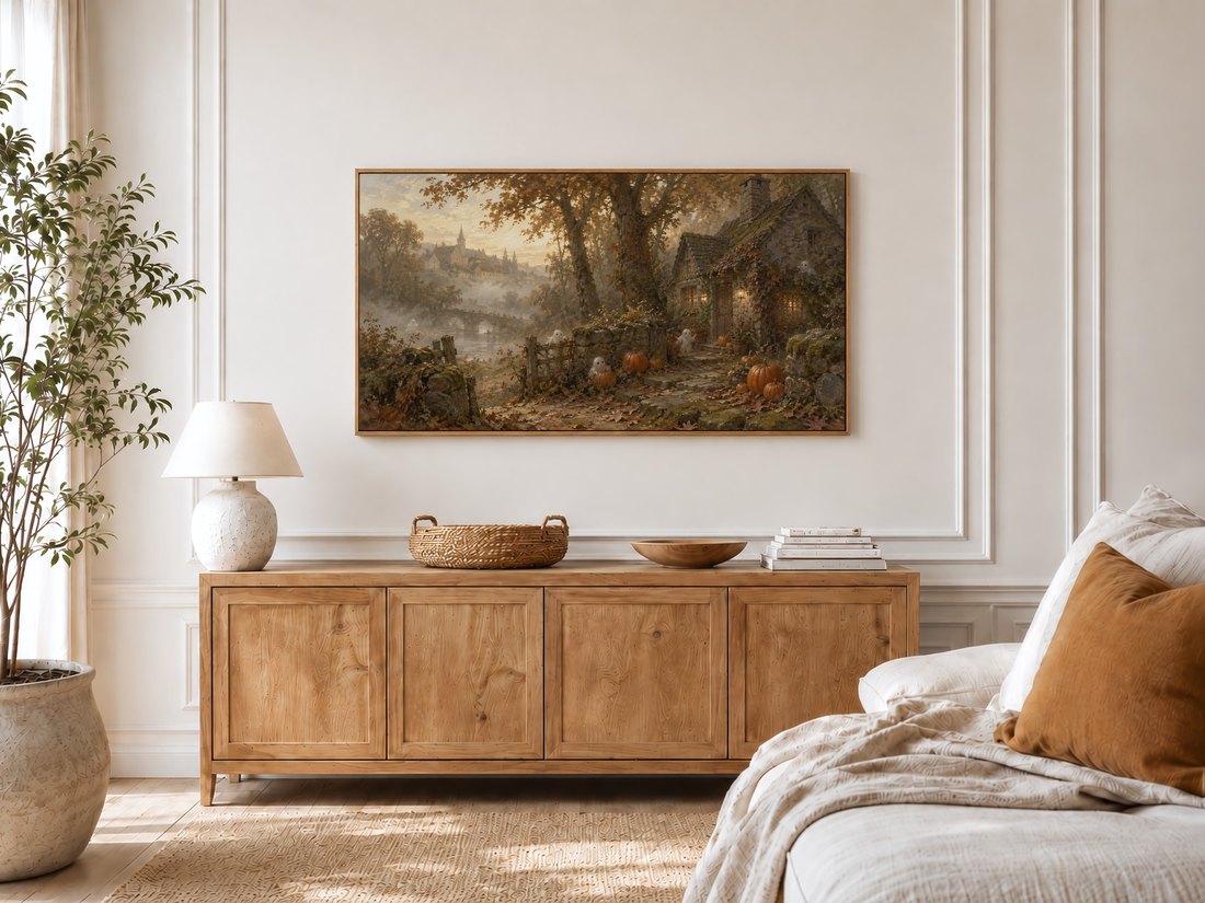 Ghostly medieval landscape with misty castle and pumpkins shown on a Frame TV in a bright bedroom with cream moulding, light oak sideboard, ceramic lamp and olive tree by the window.