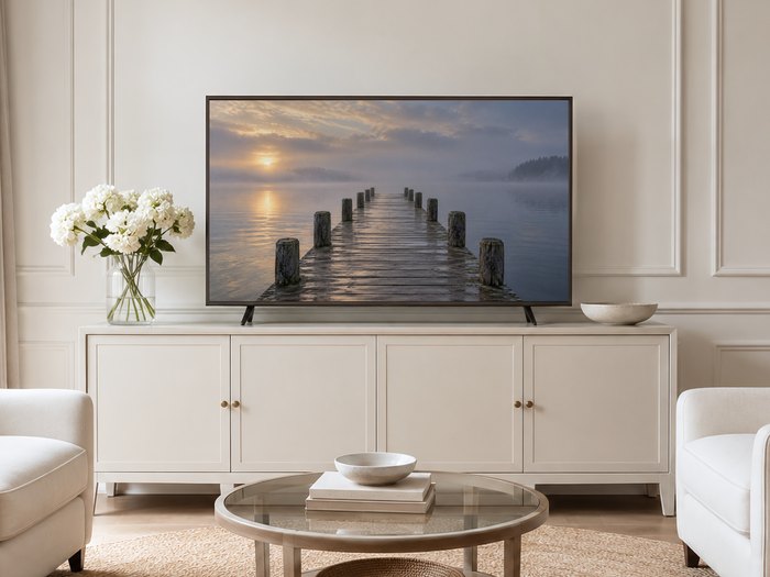 Foggy lake pier at dawn displayed on Frame TV above cream sideboard in neutral living room with white hydrangeas, glass coffee table and pale armchairs on jute rug
