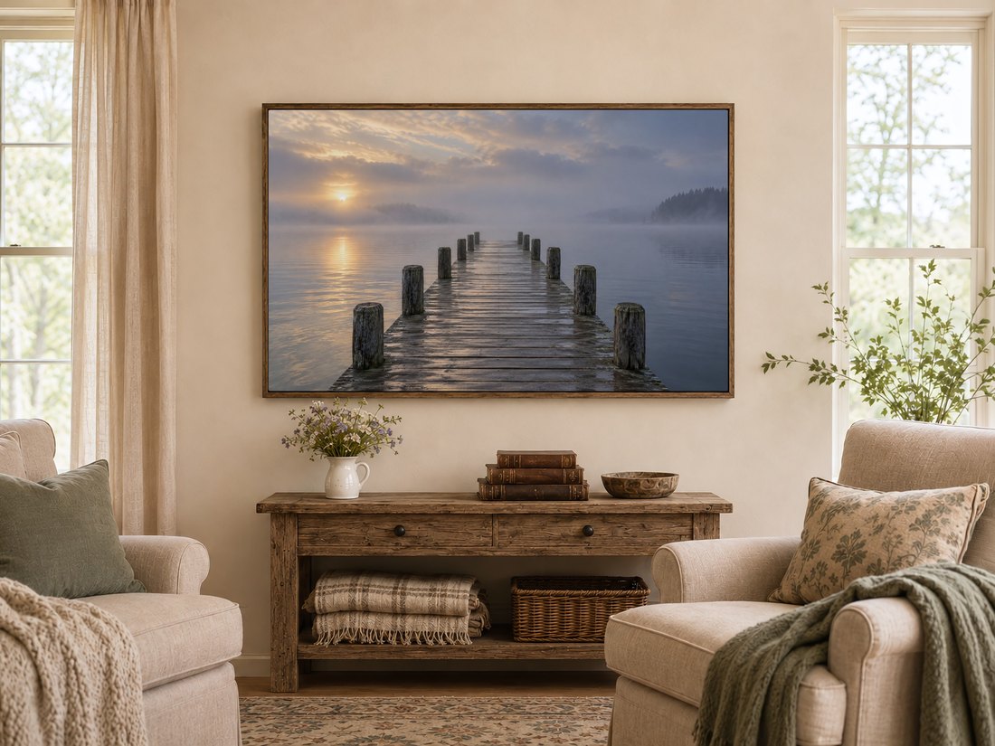 Misty wooden dock and sunrise landscape on Frame TV in dark wood frame above rustic console table in farmhouse living room with wildflowers, antique books and cream armchairs with sage cushions