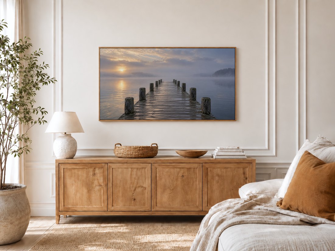 Serene foggy pier and lake sunrise artwork on Frame TV in bright bedroom with cream panelling, light oak sideboard, olive tree by window and linen bed with rust cushion