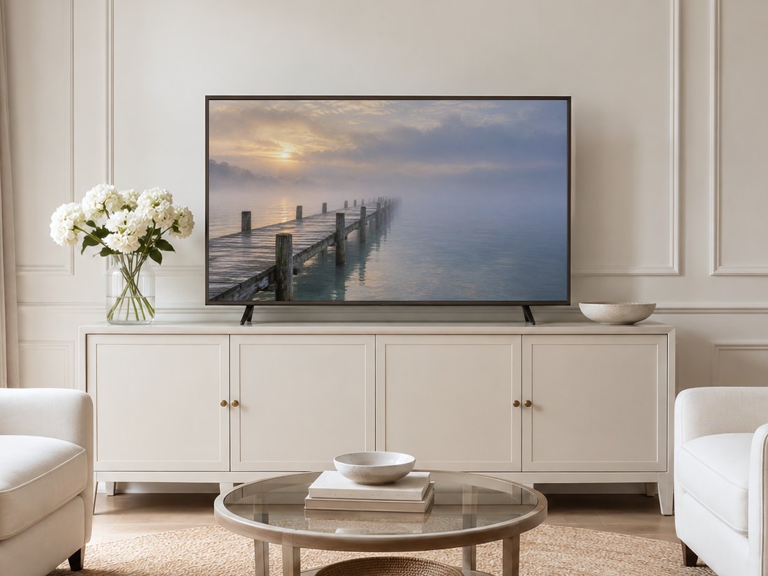 Foggy pier and lake frame TV art displayed on a cream panelled wall in a neutral living room with cream sideboard, white hydrangeas, round glass table and pale armchairs