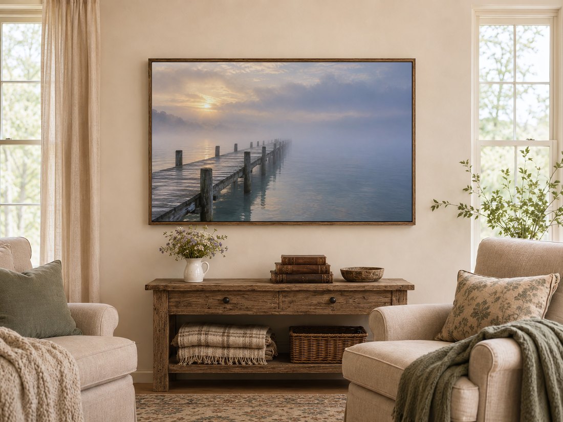 Misty wooden pier landscape shown in dark reclaimed-wood frame above a rustic console table with wildflowers, antique books and wooden bowl, between cream armchairs with sage cushions