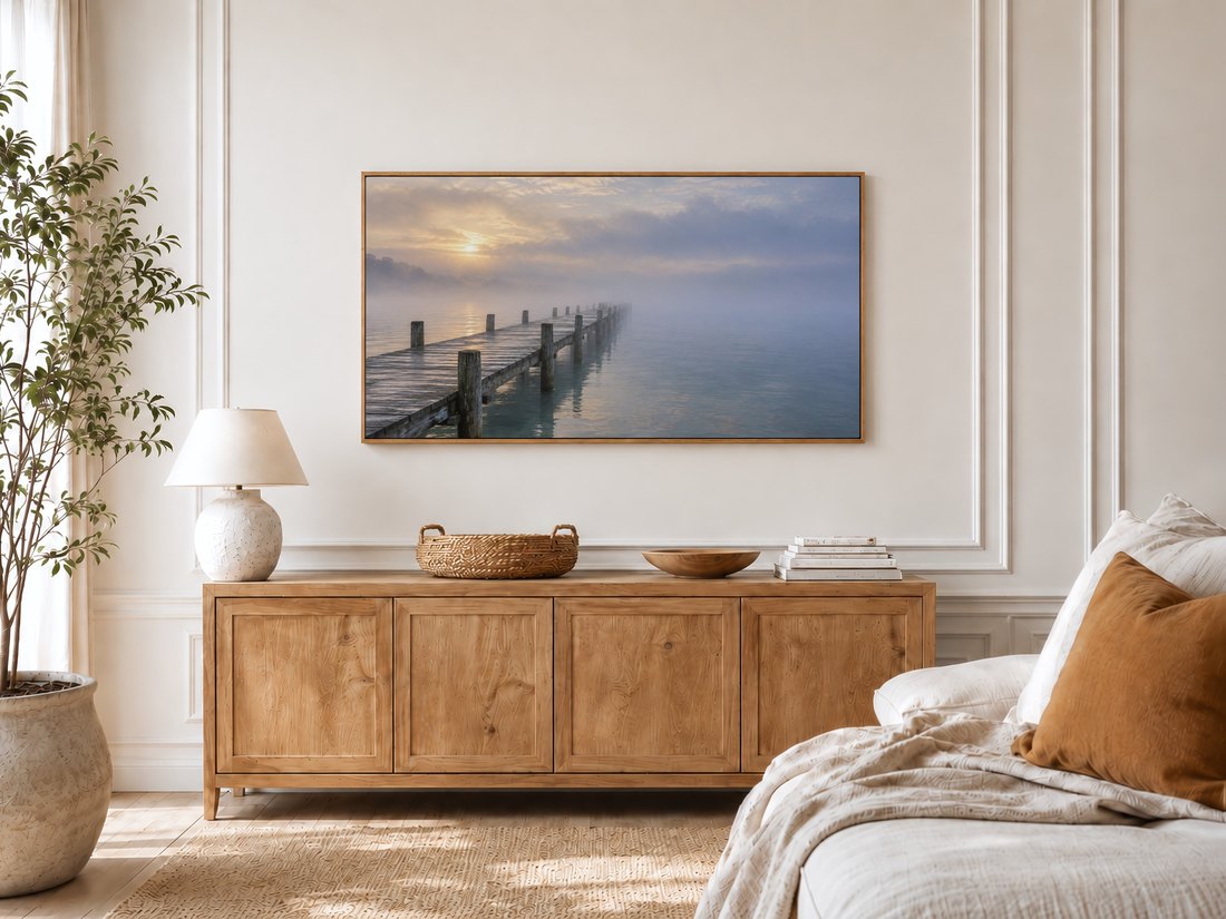 Serene pier and fog artwork displayed on a frame TV mounted on cream panelled wall in a bright bedroom with light oak sideboard, textured ceramic lamp and olive tree by window