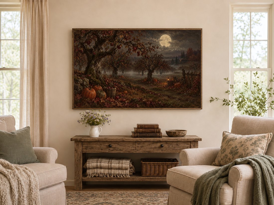 Moonlit Apple Orchard frame art displayed above a rustic console table in a warm farmhouse living room with cream armchairs, sage cushions, antique books and tall linen-curtained windows.