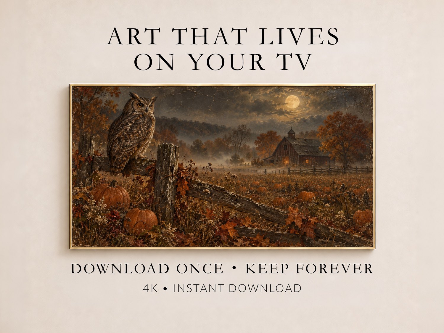 Autumn harvest Frame TV art featuring a moonlit owl perched over a pumpkin field, with a full moon and distant barn, displayed on a soft cream wall with a thin gold frame.