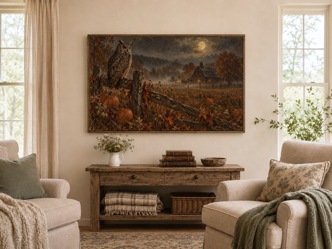 Autumn harvest TV art of a moonlit owl over pumpkin fields displayed in a dark reclaimed-wood frame above a rustic console table with wildflowers and antique books, flanked by cream armchairs with sage cushions.