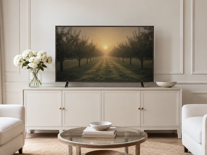 Apple orchard sunrise artwork on a Frame TV in a neutral living room with a cream panelled wall, long sideboard, white hydrangeas, and pale armchairs on a jute rug, showing soft gold and sage tones.