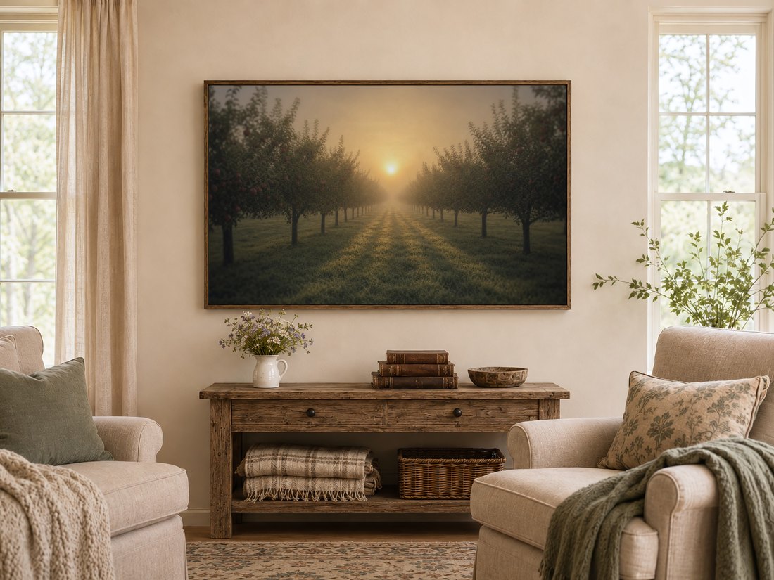 Misty orchard landscape shown on a Frame TV in a dark reclaimed-wood frame above a farmhouse console with wildflowers and leather books, flanked by cream armchairs with sage cushions and linen curtains.