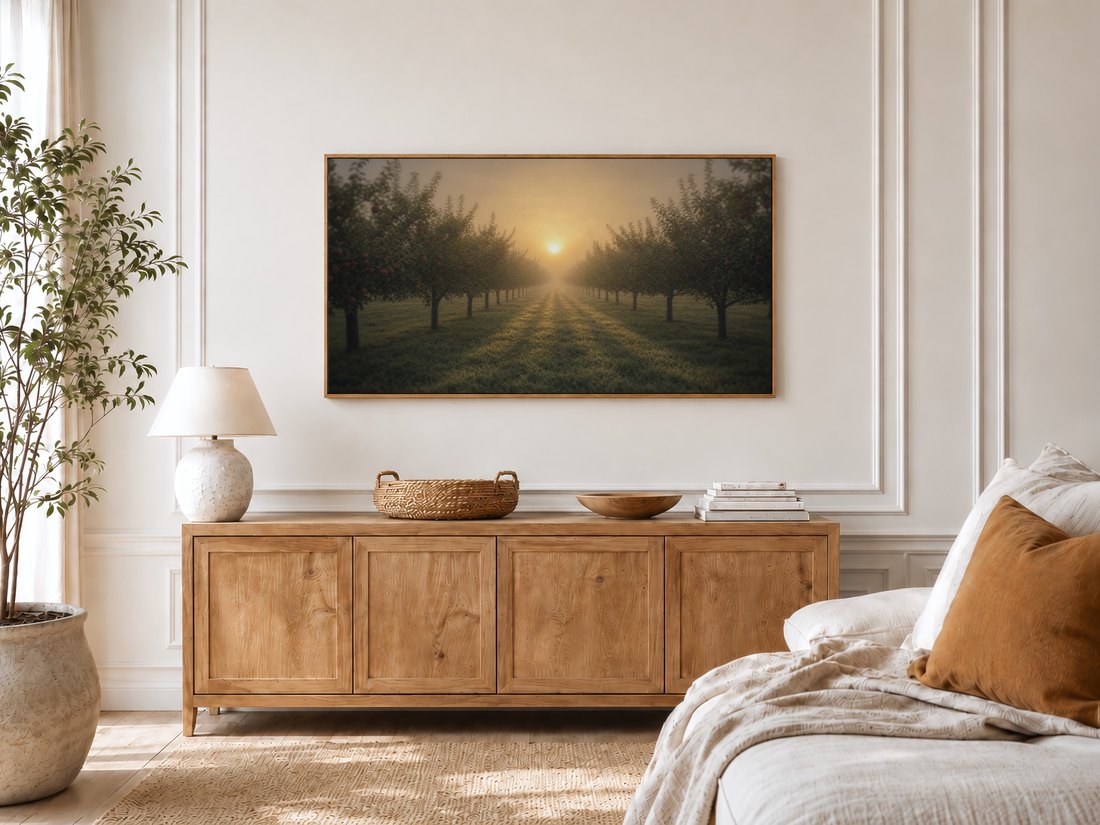 Foggy apple orchard art on a Frame TV in a bright bedroom with cream panelled moulding, an oak sideboard, ceramic lamp, potted olive tree, and a linen bed with a rust cushion nearby.
