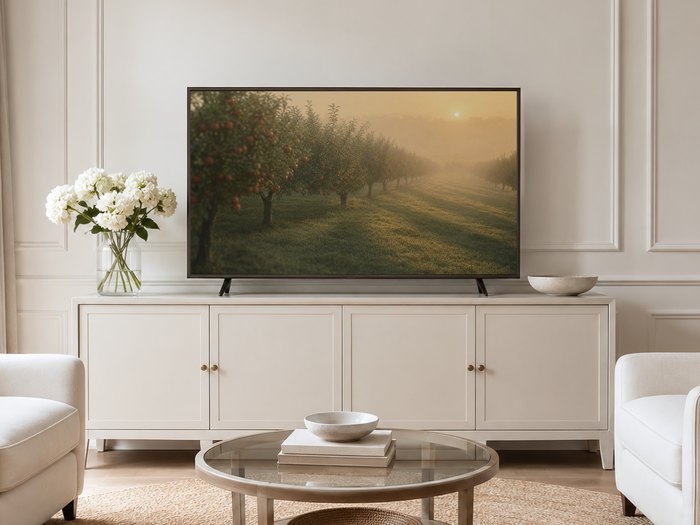 Apple orchard at sunrise shown on a Frame TV in a neutral living room with a cream panelled wall, long sideboard, white hydrangeas, round glass coffee table and pale armchairs on a jute rug.