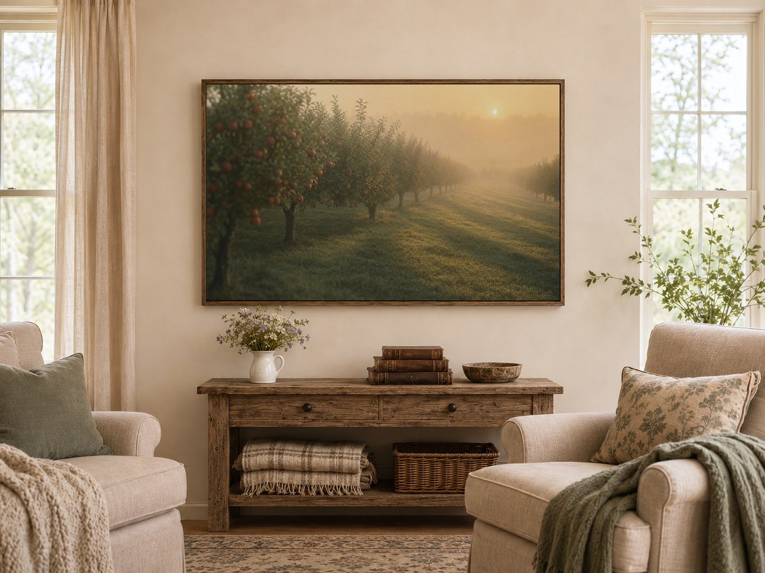 Misty orchard artwork in a dark reclaimed-wood frame above a rustic console table with wildflowers, leather books and a wooden bowl, flanked by cream armchairs with sage cushions in a warm farmhouse living room.