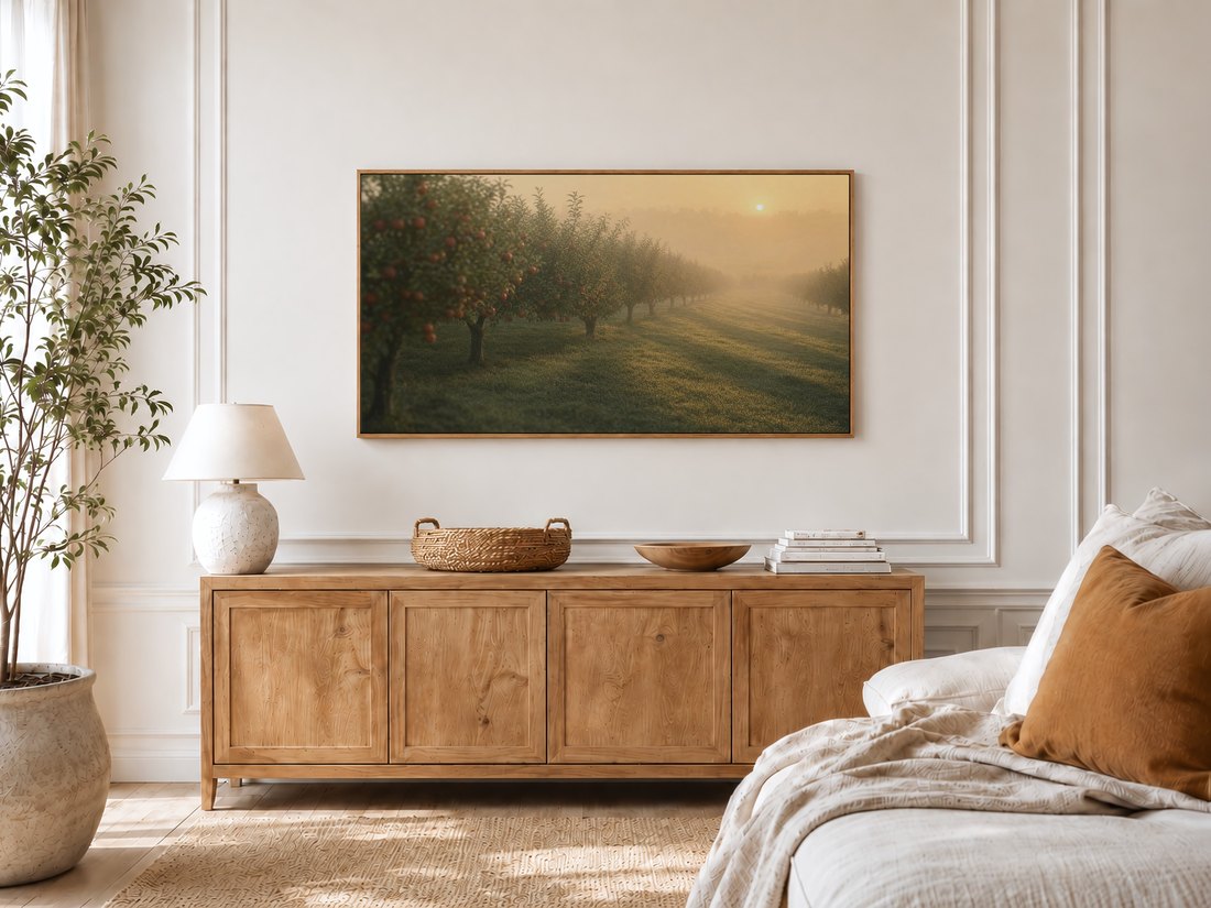 Foggy apple orchard scene on a Frame TV in a bright bedroom with cream panelled moulding, a light oak sideboard, ceramic lamp, potted olive tree and a linen bed with a rust cushion.