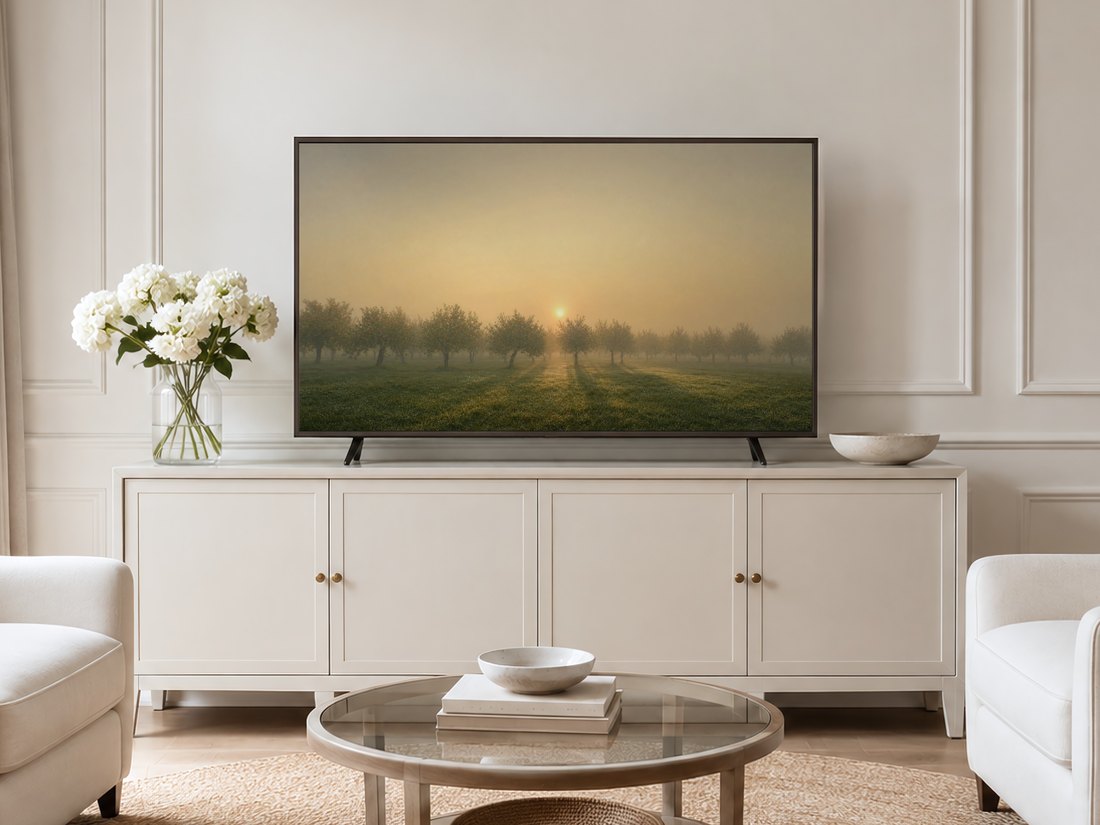 Foggy orchard sunrise displayed on a Frame TV in a neutral living room with a cream sideboard, white hydrangeas, glass coffee table and pale armchairs on a jute rug, soft gold and sage tones on screen.