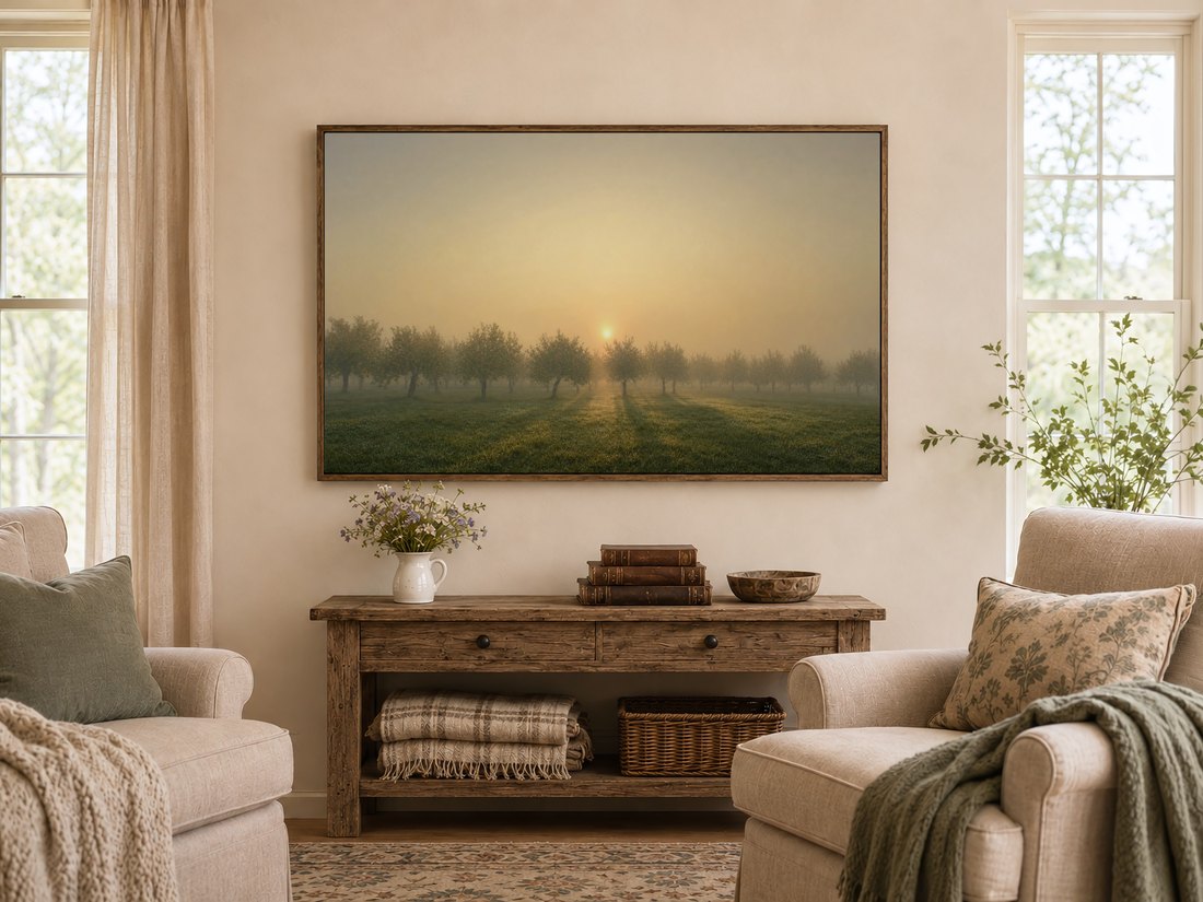 Misty apple orchard artwork on a TV framed in dark reclaimed wood, above a rustic console with wildflowers and leather books, in a warm farmhouse living room with cream armchairs and sage cushions.