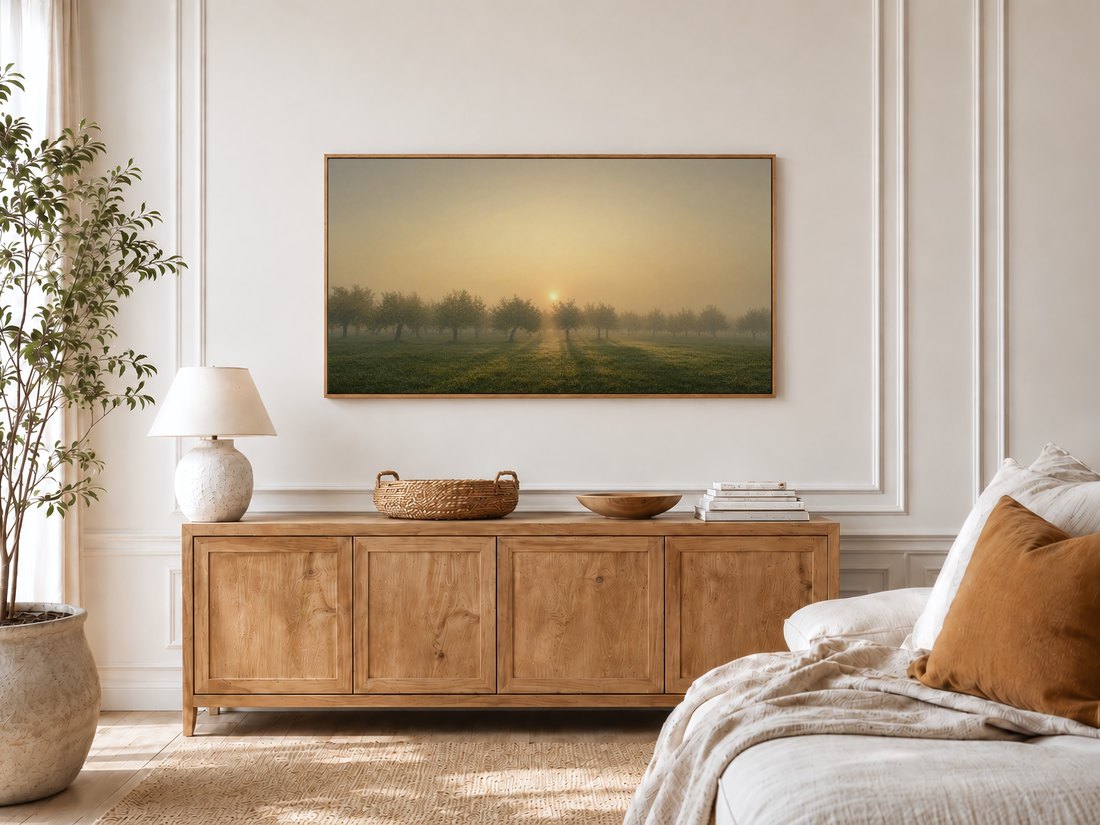 Golden foggy orchard scene on a bedroom TV, set against cream panelled moulding near a light oak sideboard, ceramic lamp, potted olive tree and a linen bed with a rust cushion.