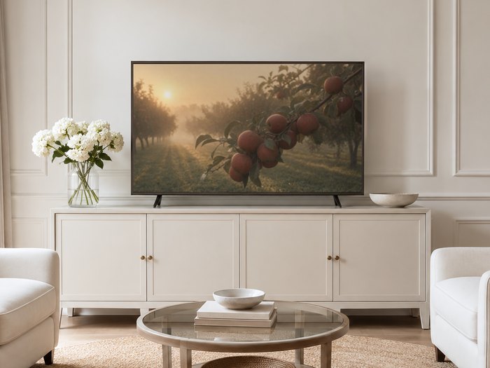 Soft-focus apple orchard art on a Frame TV in a neutral living room with a cream sideboard, white hydrangeas and jute rug, the misty rust and sage tones echoing the room's calm, airy palette.