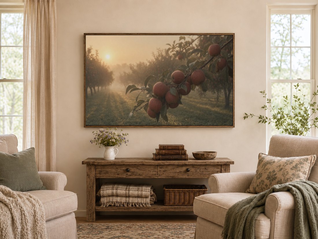 Apple branch orchard art on a Frame TV in dark reclaimed wood above a farmhouse console with wildflowers and leather books, rust apples and sage leaves warming the room's cream and wood tones.