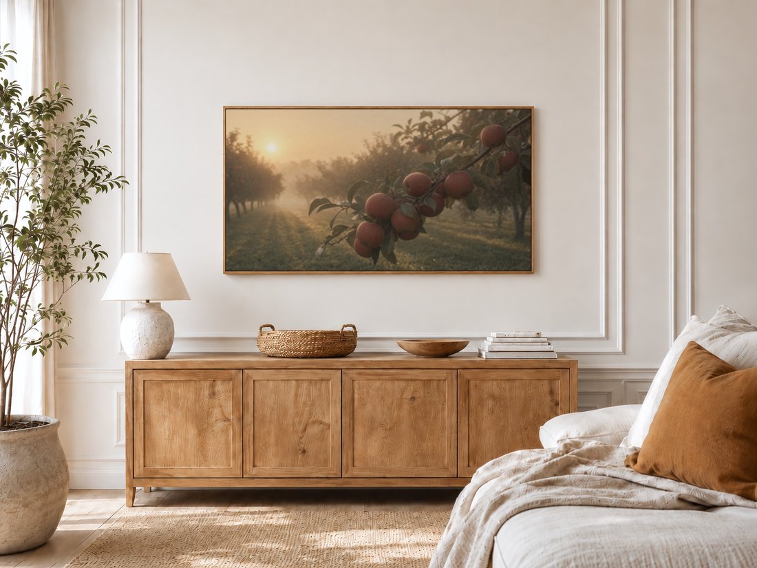 Misty orchard branch art on a Frame TV in a bright bedroom with a light oak sideboard, ceramic lamp and olive tree, the soft rust and amber tones matching the linen bed and cushion.